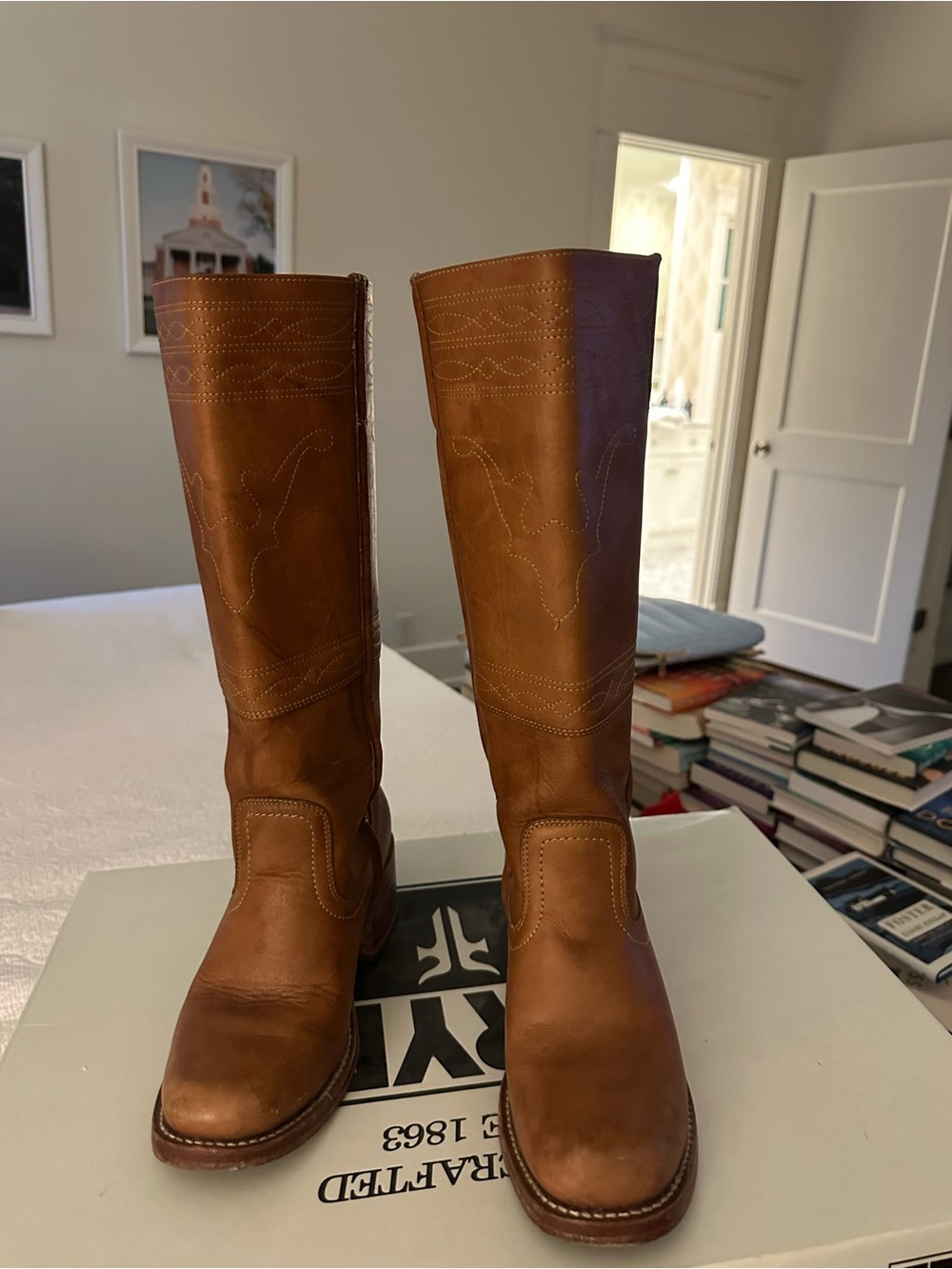 Women's Frye Brown Leather Campus Boots with Horse Embroidery Early 2000s